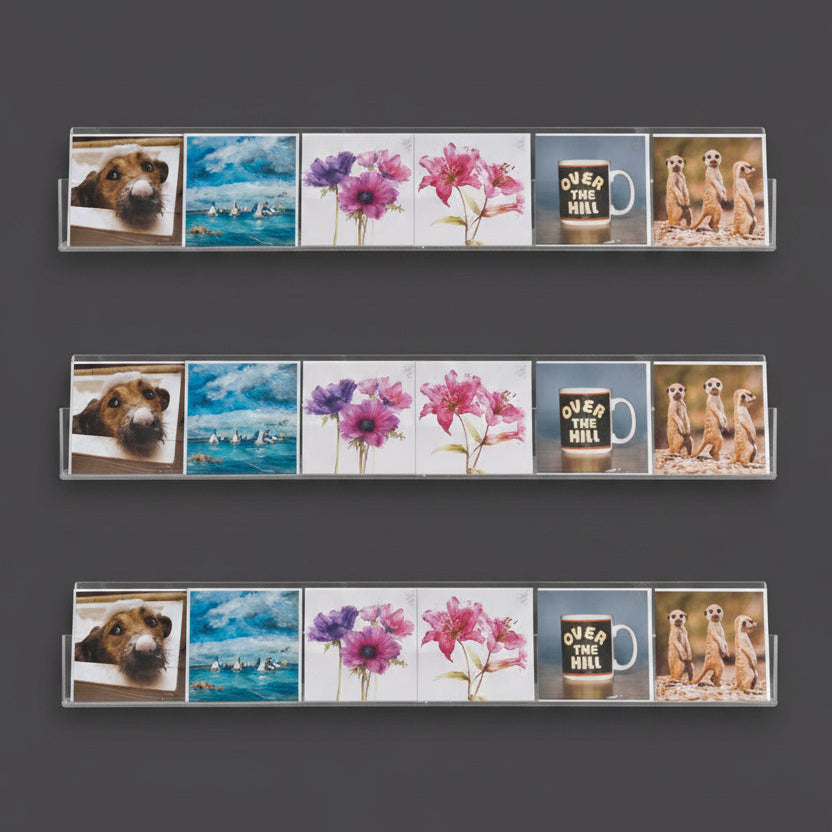 AI created image displaying multiple 100cm economy greeting card rack installed on a wall.