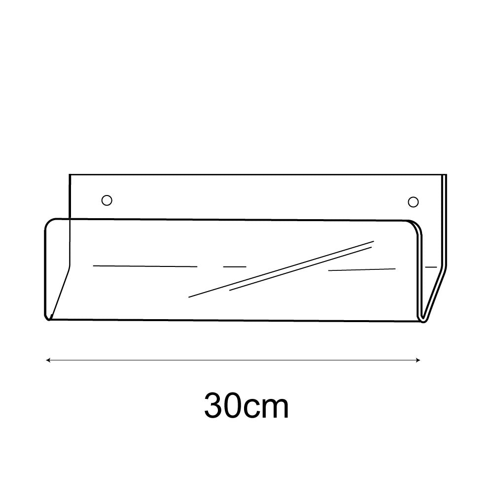 Technical drawing, front view of 30cm economy greeting card rack wall fixing.