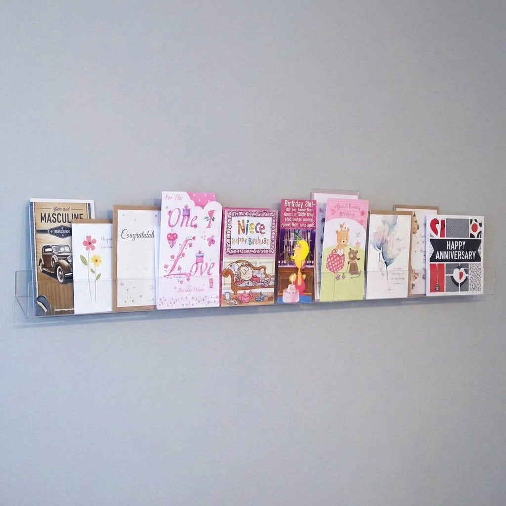 Image displaying 100cm standard greeting card rack installed on a wall.