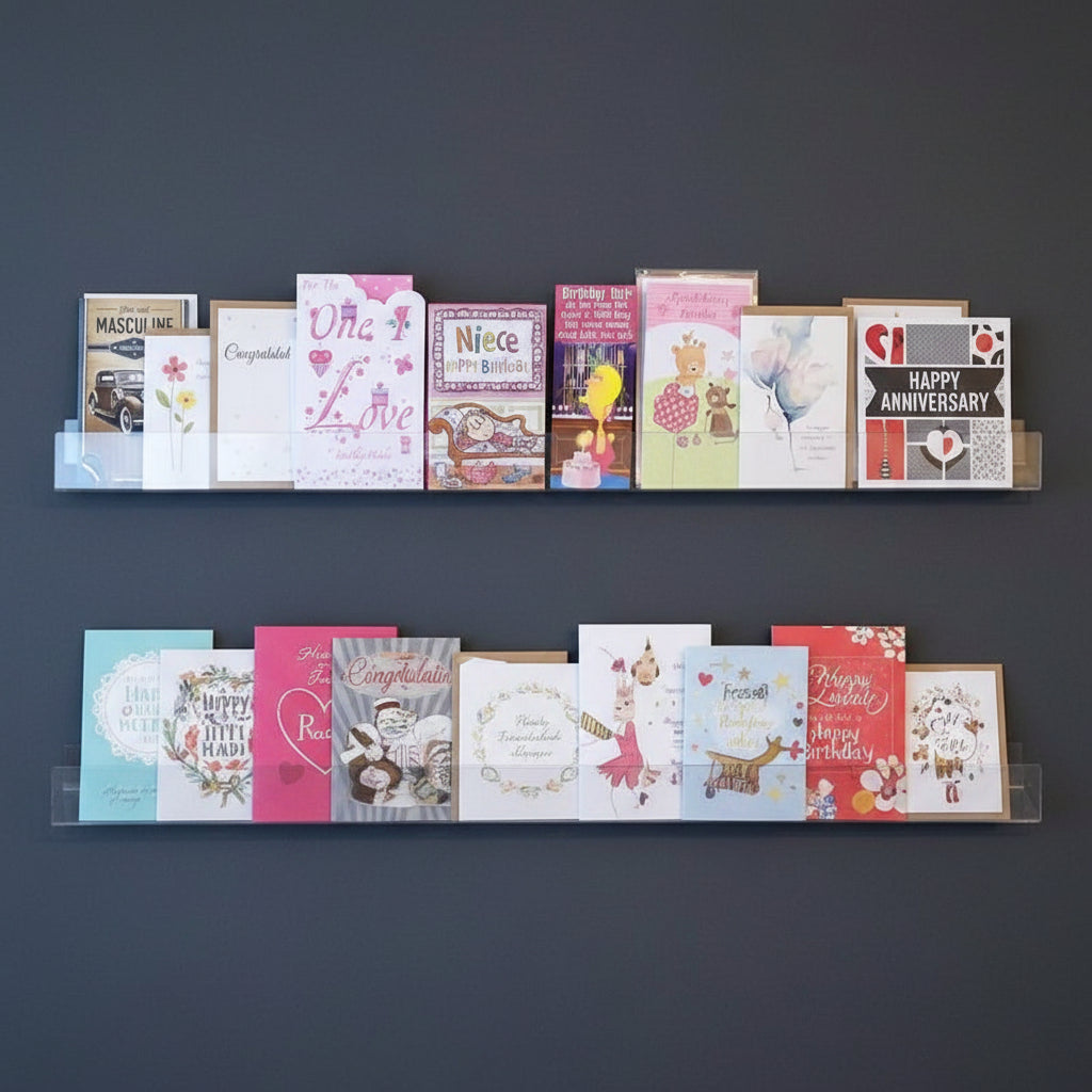 AI created image displaying multiple 100cm standard greeting card rack installed on a wall.
