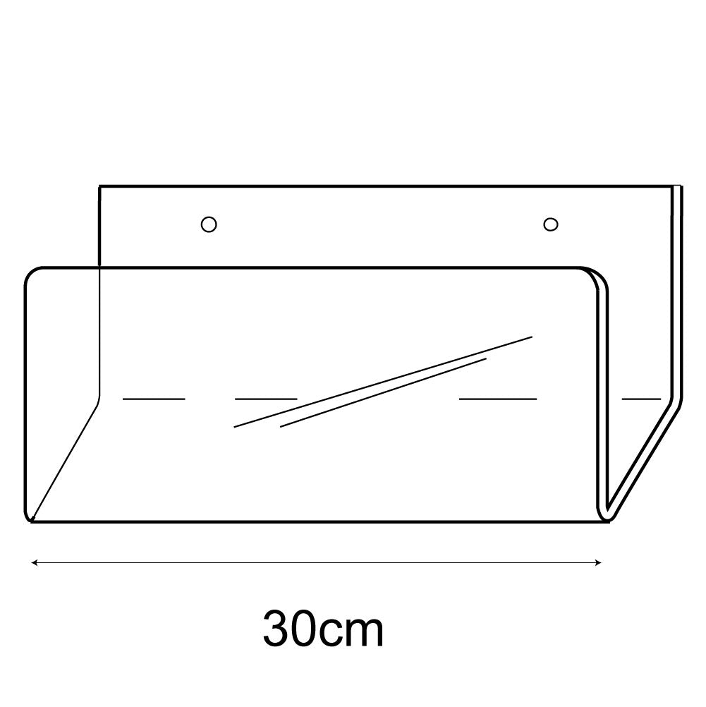 Technical drawing, front view of 30cm deep greeting card rack wall fixing.