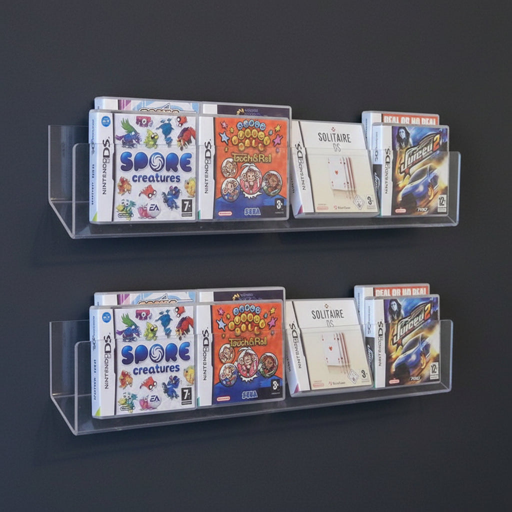 AI created image displaying multiple 60cm deep greeting card rack installed on a wall.