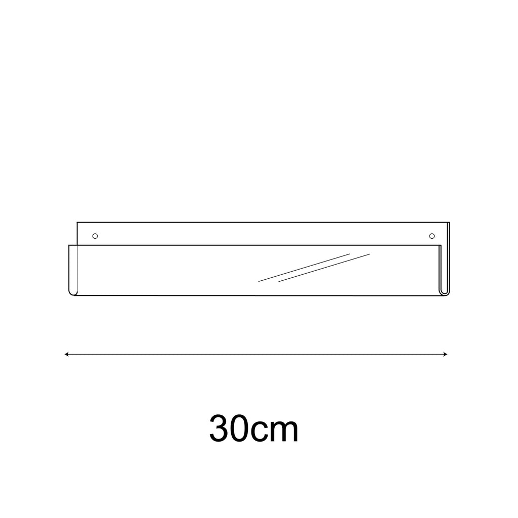 Technical drawing, front view of 30cm single greeting card (0.5cm capacity) rack wall fixing.