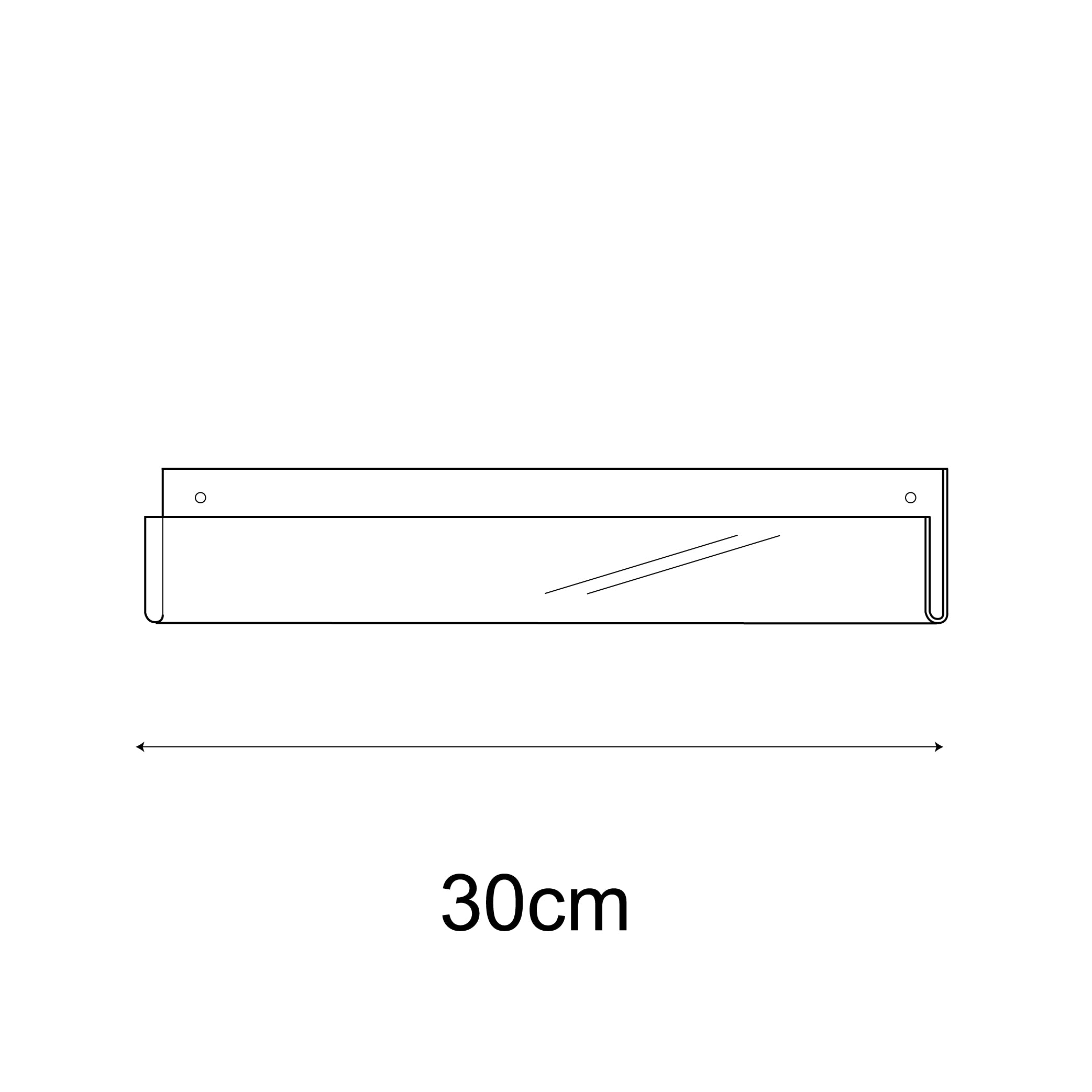 Technical drawing, front view of 30cm single greeting card (0.5cm capacity) rack wall fixing.