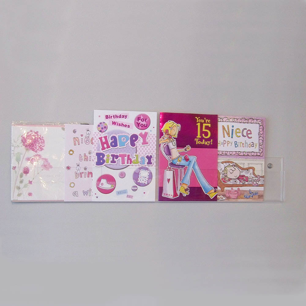 Image displaying 60cm single greeting card (0.5cm capacity) rack installed on a wall.