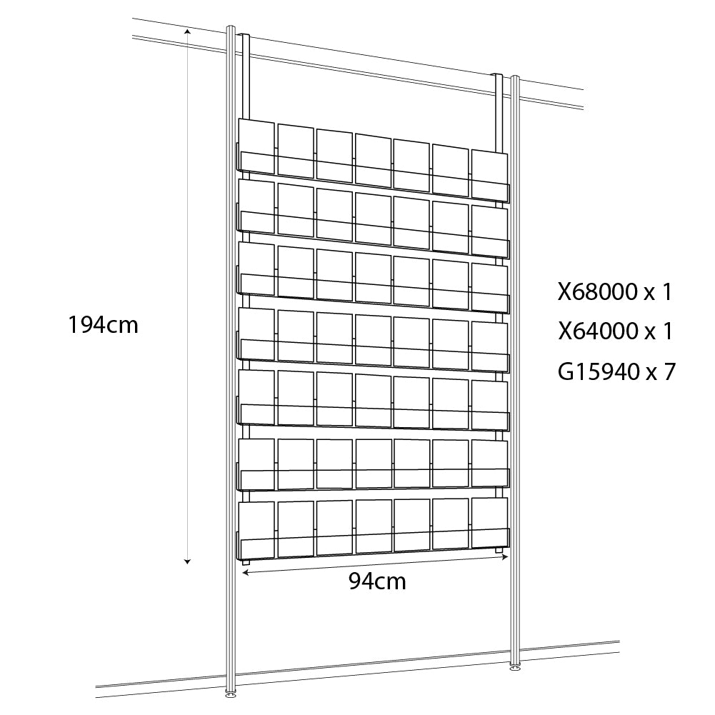 Technical drawing, front view of 94cm single greeting card (0.5cm capacity) rack in use in the exhibition hanger system.