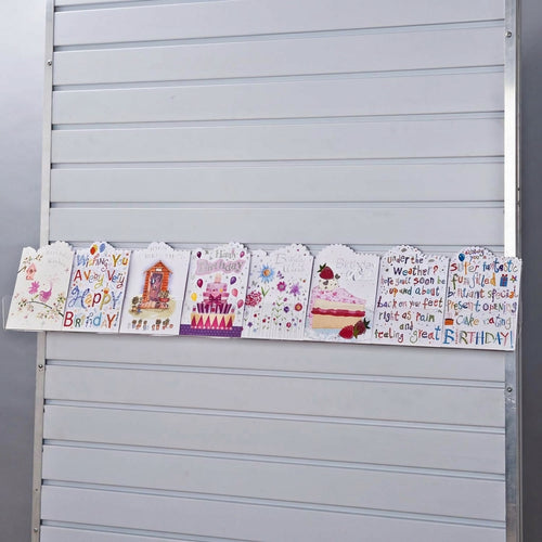 Image displaying 100cm standard greeting card rack installed on a white slatwall.