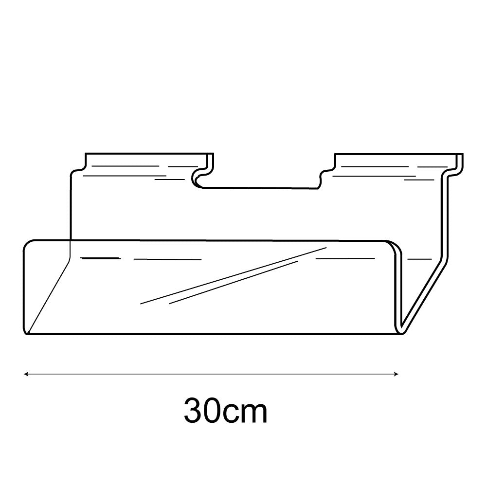 Technical drawing, front view of 30cm standard greeting card rack slatwall.