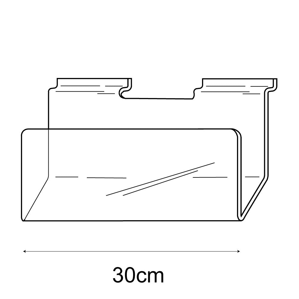 Technical drawing, front view of 30cm deep greeting card rack slatwall.