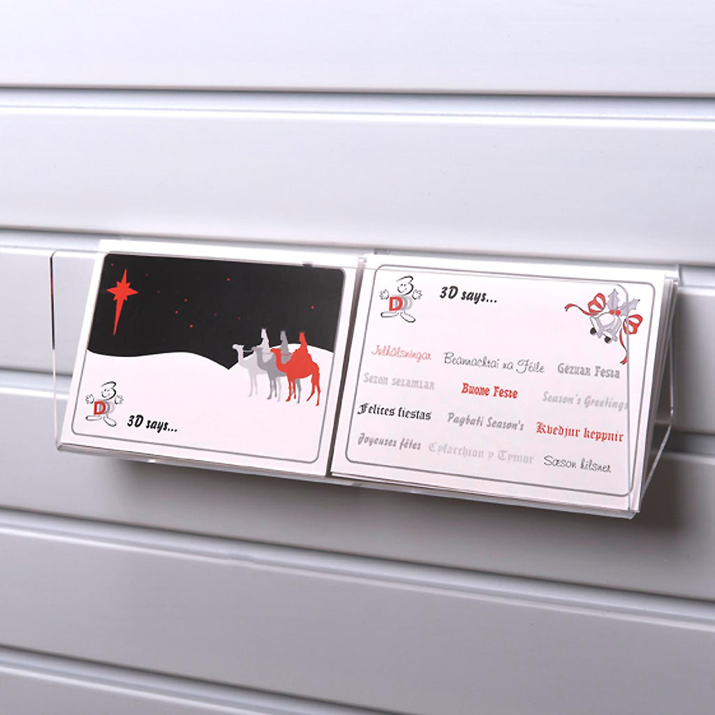 Image displaying 30cm deep greeting card rack installed on a white slatwall.