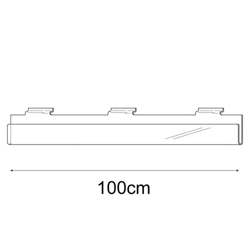 Technical drawing, front view of 100cm single greeting card (0.5cm capacity) rack slatwall.