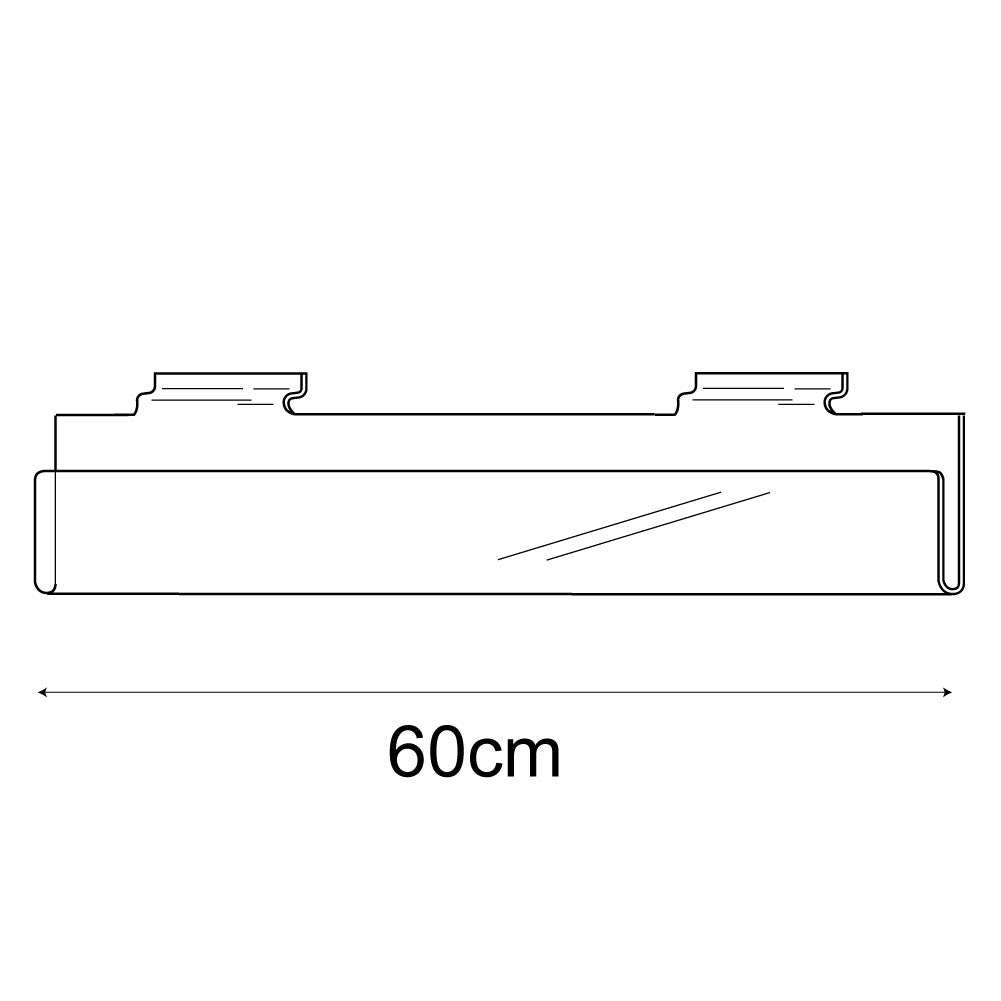 Technical drawing, front view of 60cm single greeting card (0.5cm capacity) rack slatwall.