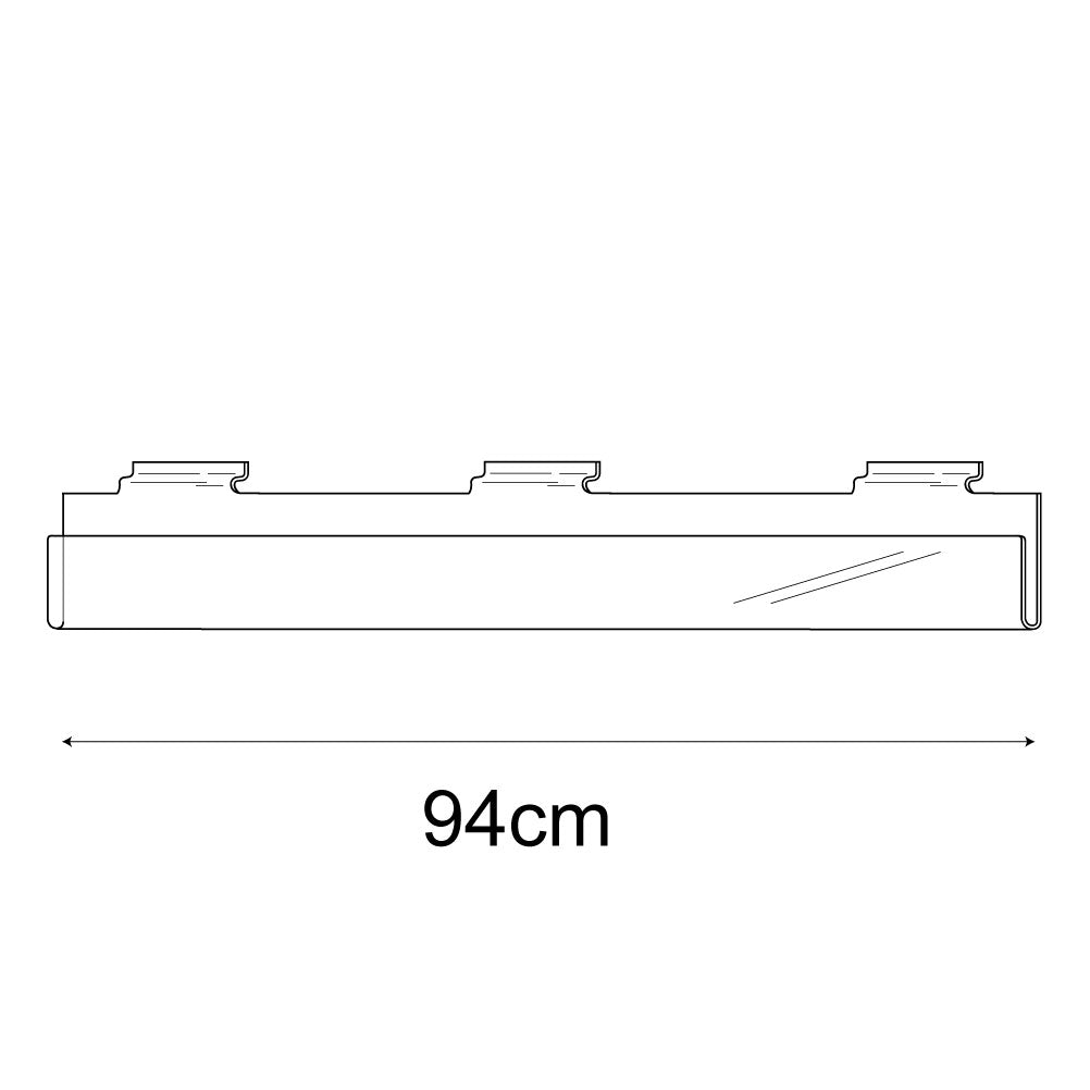 Technical drawing, front view of 94cm single greeting card (0.5cm capacity) rack slatwall.
