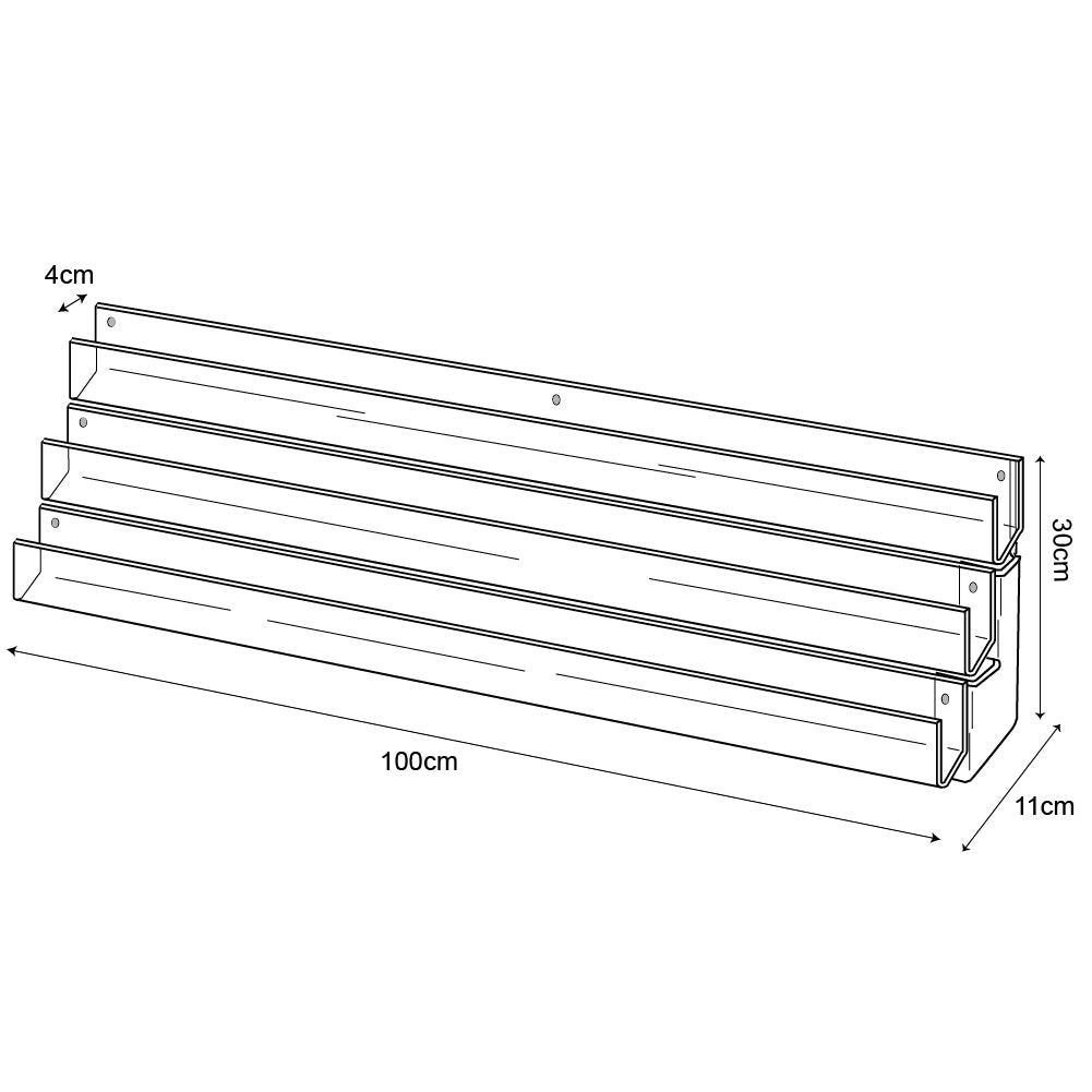 Technical drawing, front view of 3 tier 100cm greeting card rack wall fixing.