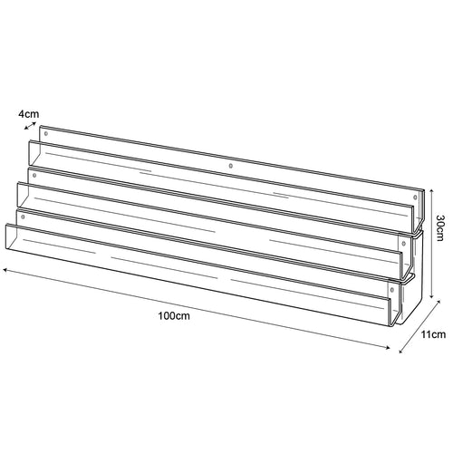 Technical drawing, front view of 3 tier 100cm greeting card rack wall fixing.