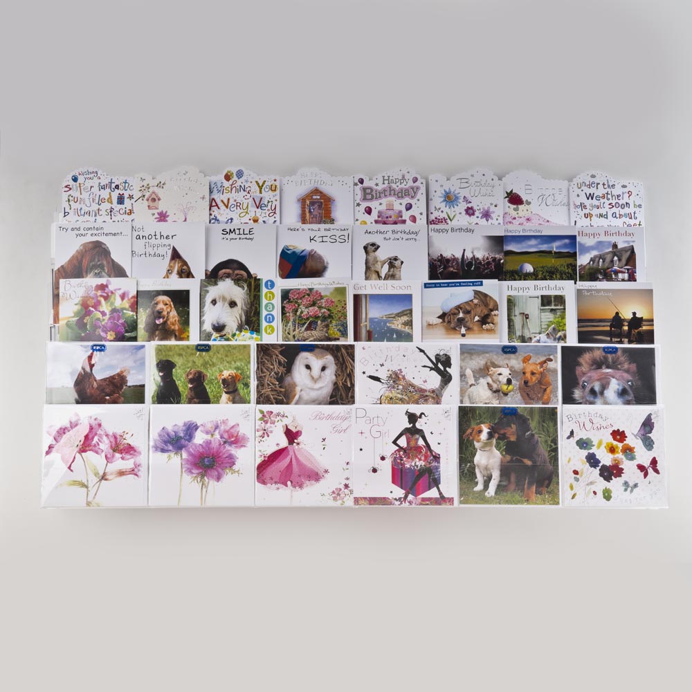 Image displaying 5 tier 100cm greeting card rack wall fixing installed on wall. 