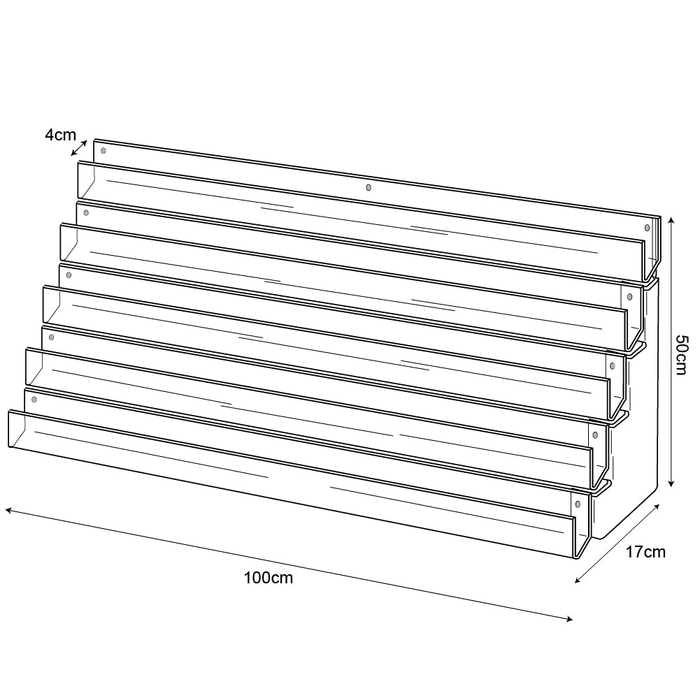 Technical drawing, front view of 5 tier 100cm greeting card rack wall fixing.
