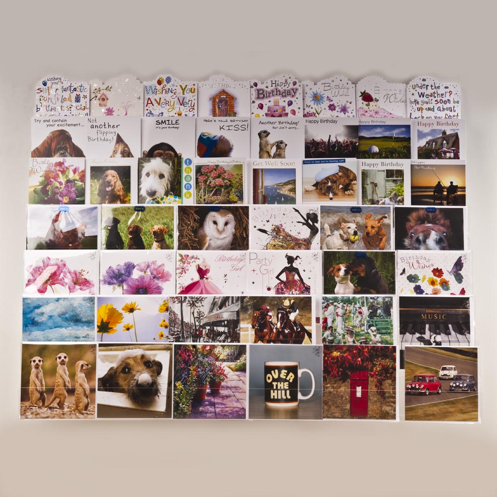 Image displaying 7 tier 100cm greeting card rack wall fixing installed on wall. 