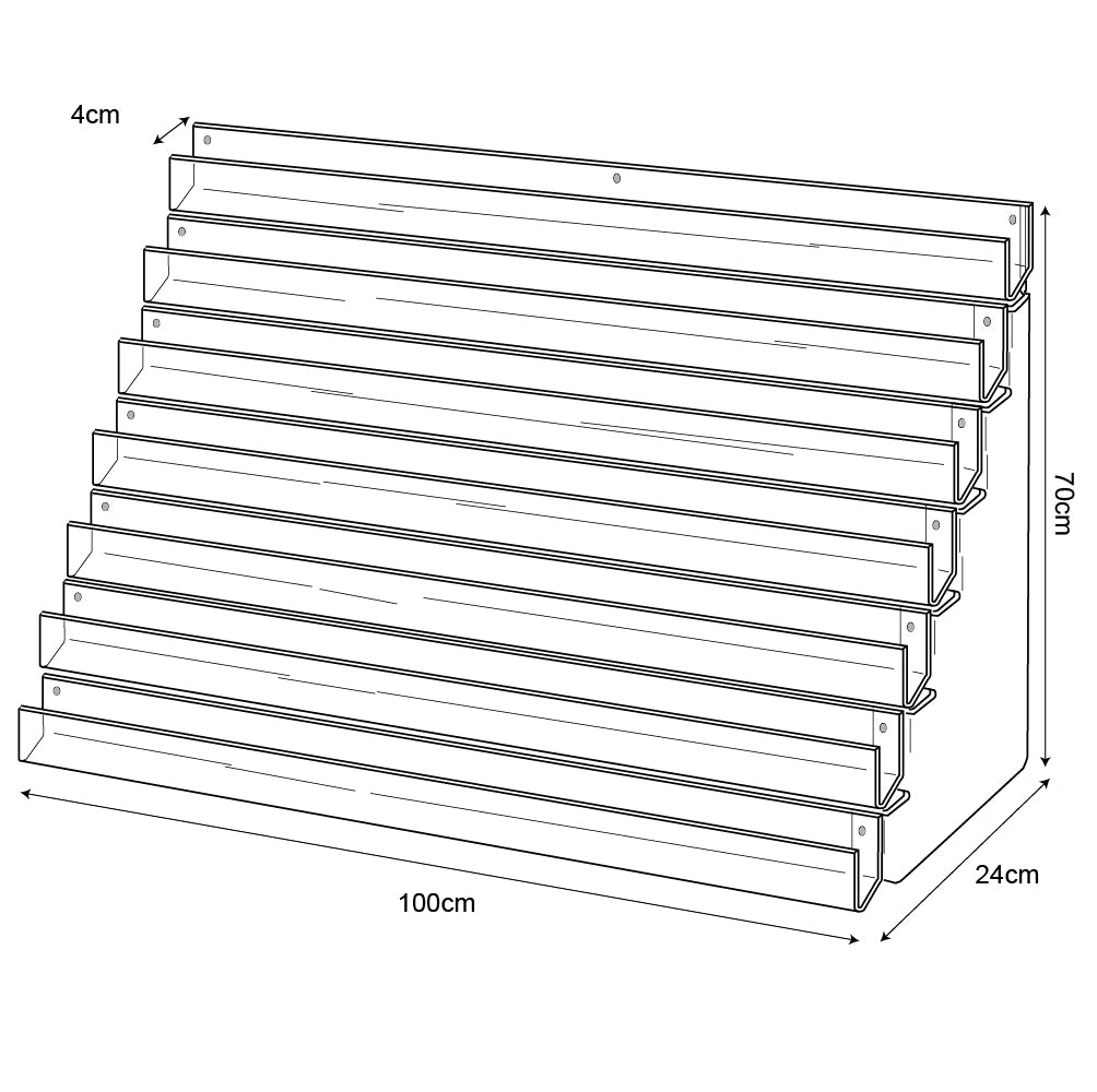 Technical drawing, front view of 7 tier 100cm greeting card rack wall fixing.