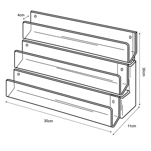 Technical drawing, front view of 3 tier 30cm greeting card rack wall fixing.