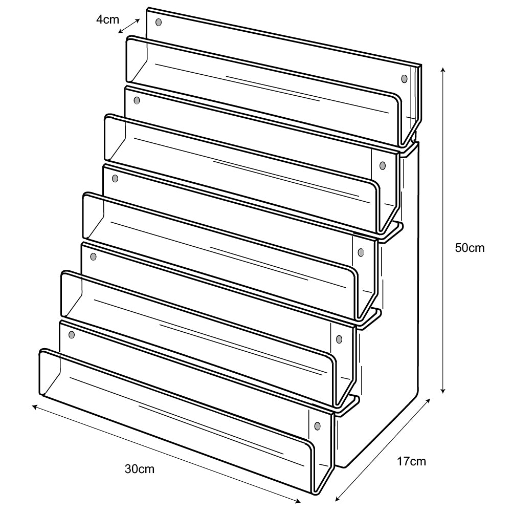 Technical drawing, front view of 5 tier 30cm greeting card rack wall fixing.