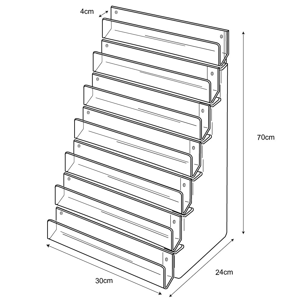 Technical drawing, front view of 7 tier 30cm greeting card rack wall fixing.