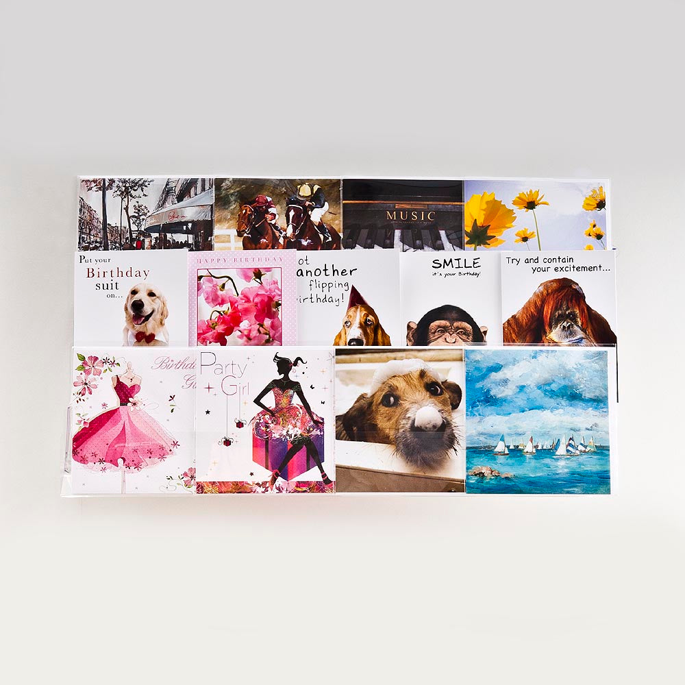 Image displaying 3 tier 60cm greeting card rack wall fixing installed on wall. 