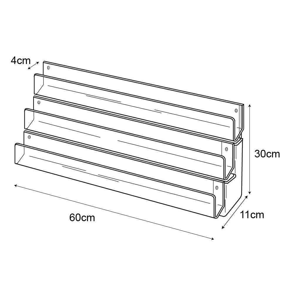 Technical drawing, front view of 3 tier 60cm greeting card rack wall fixing.