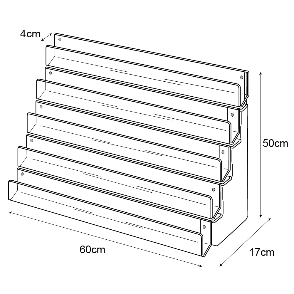 Technical drawing, front view of 5 tier 60cm greeting card rack wall fixing.