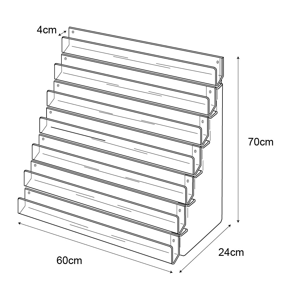 Technical drawing, front view of 7 tier 60cm greeting card rack wall fixing.