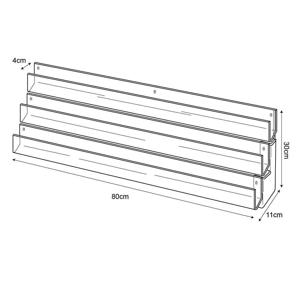 Technical drawing, front view of 3 tier 80cm greeting card rack wall fixing.
