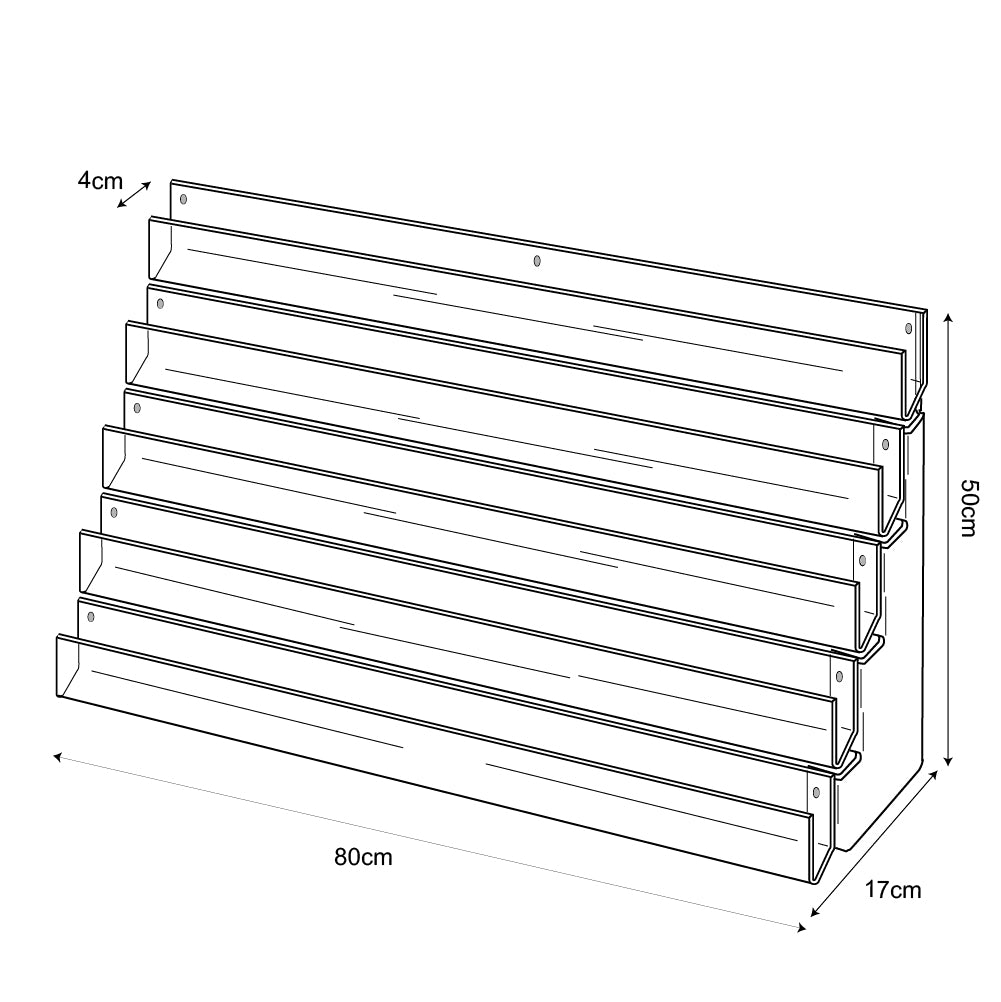 Technical drawing, front view of 5 tier 80cm greeting card rack wall fixing.