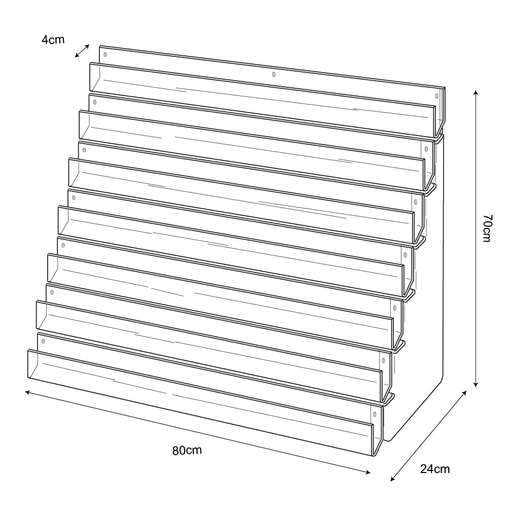 Technical drawing, front view of 7 tier 80cm greeting card rack wall fixing.