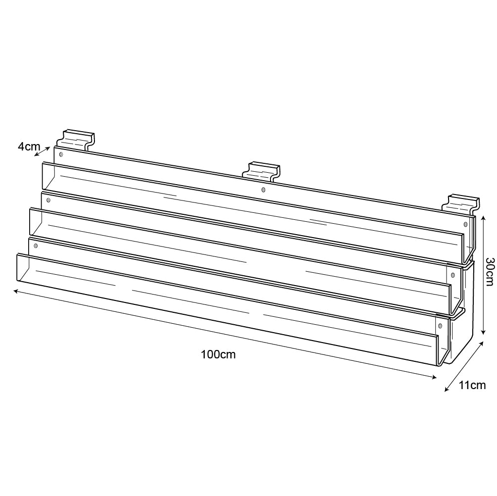 Technical drawing, front view of 3 tier 100cm greeting card rack slatwall.