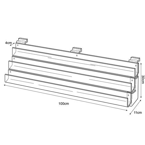 Technical drawing, front view of 3 tier 100cm greeting card rack slatwall.