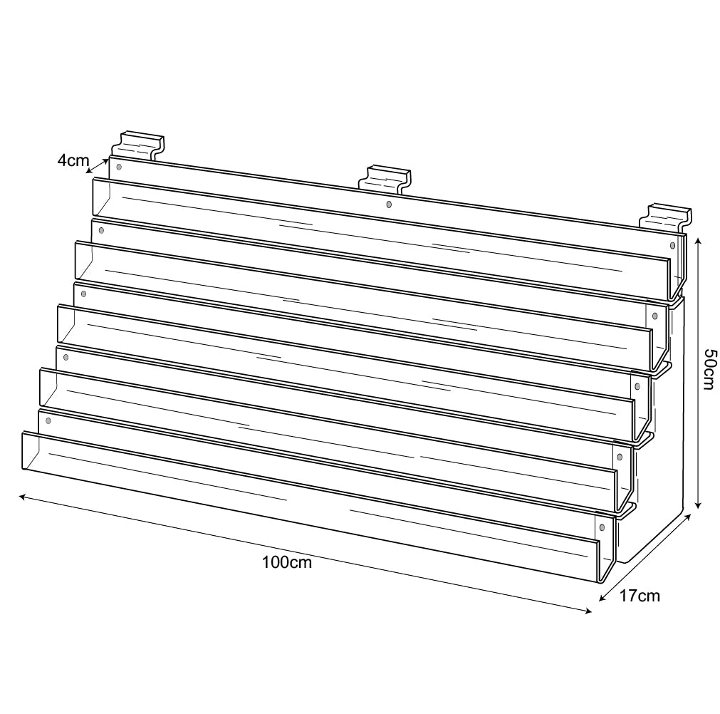 Technical drawing, front view of 5 tier 100cm greeting card rack slatwall.