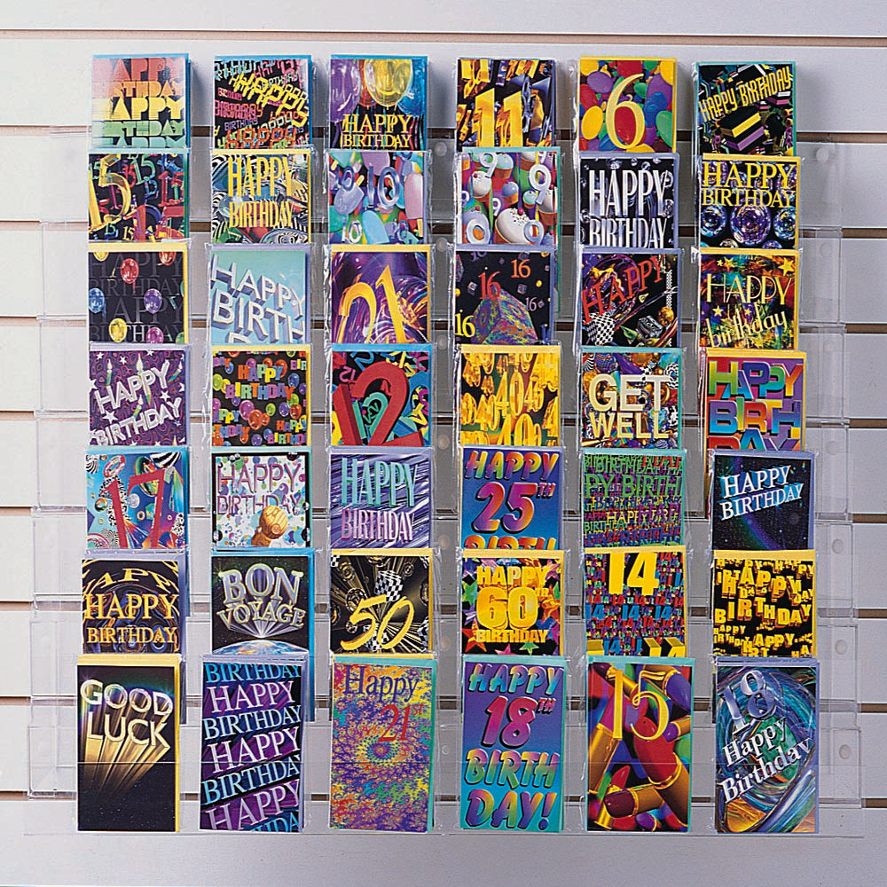 Image displaying 7 tier 100cm greeting card rack on grey slatwall. 