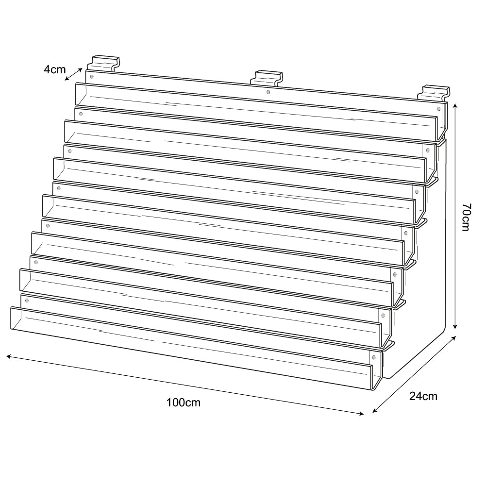 Technical drawing, front view of 7 tier 100cm greeting card rack slatwall.