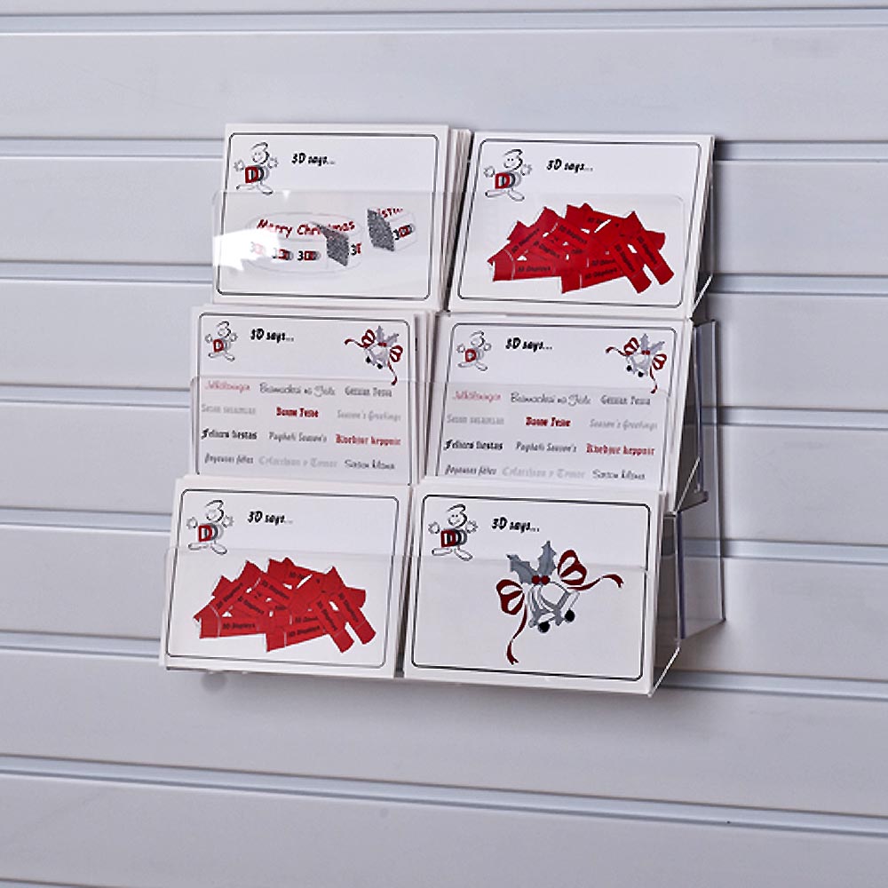 Image displaying 3 tier 30cm greeting card rack installed on white slatwall. 