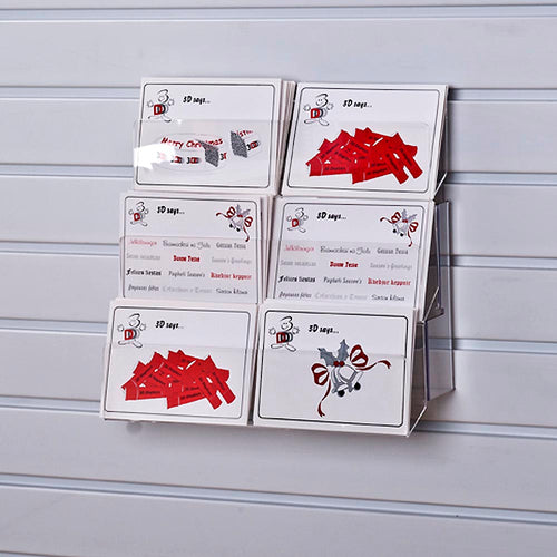 Image displaying 3 tier 30cm greeting card rack installed on white slatwall. 