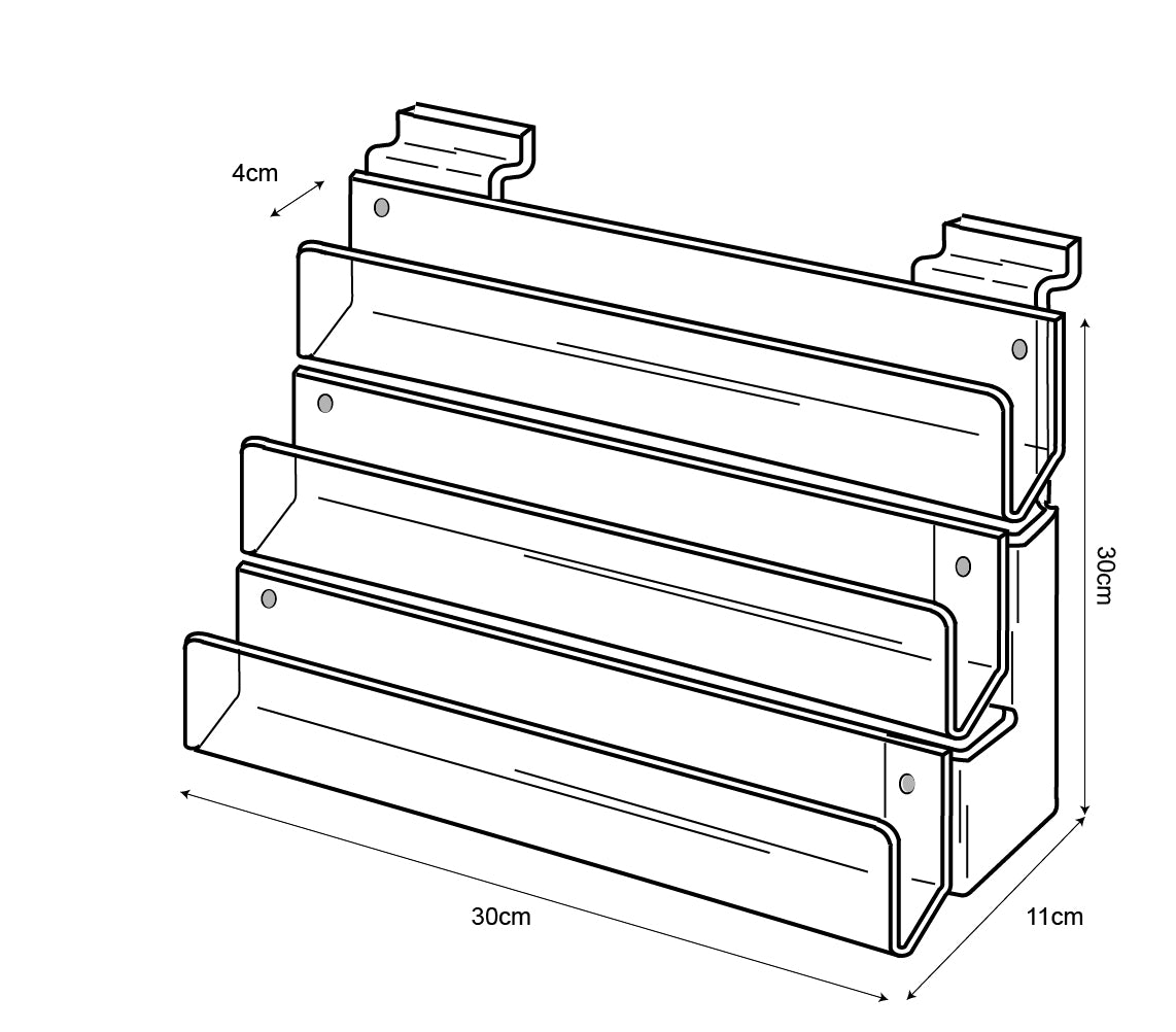 Technical drawing, front view of 3 tier 30cm greeting card rack slatwall.