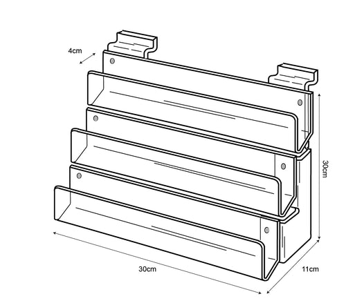 Technical drawing, front view of 3 tier 30cm greeting card rack slatwall.