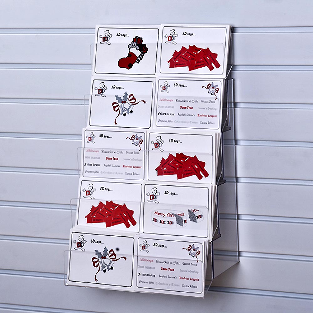 Image displaying 5 tier 30cm greeting card rack installed on white slatwall. 