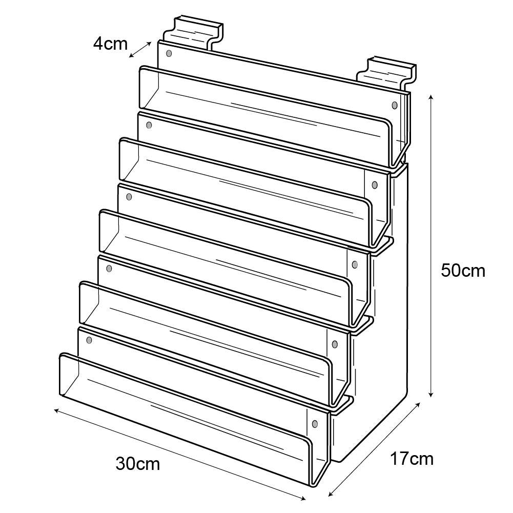 Technical drawing, front view of 5 tier 30cm greeting card rack slatwall.