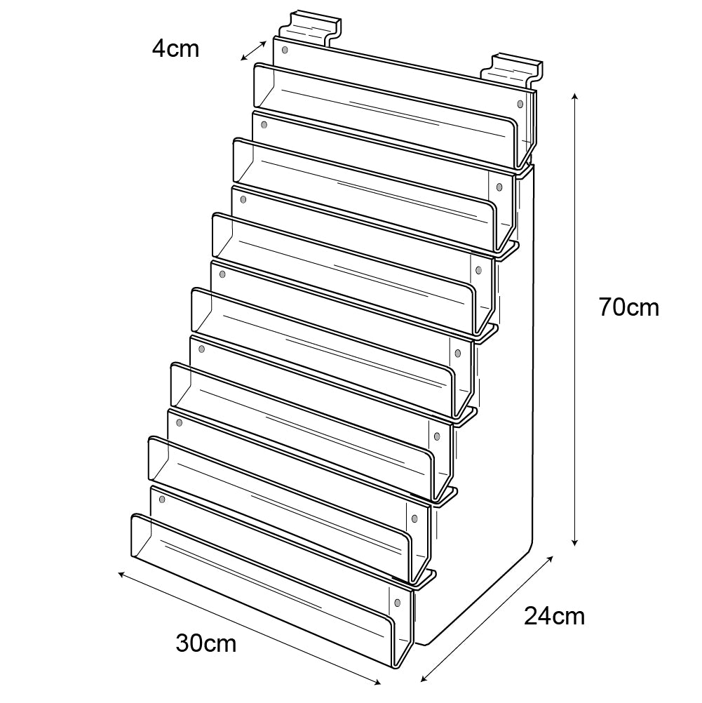 Technical drawing, front view of 7 tier 30cm greeting card rack slatwall.