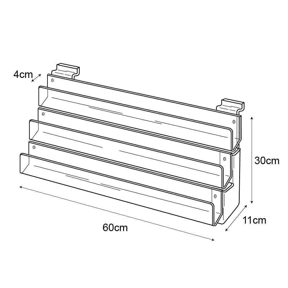 Technical drawing, front view of 3 tier 60cm greeting card rack slatwall.