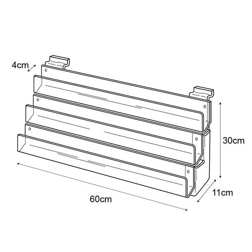 Technical drawing, front view of 3 tier 60cm greeting card rack slatwall.