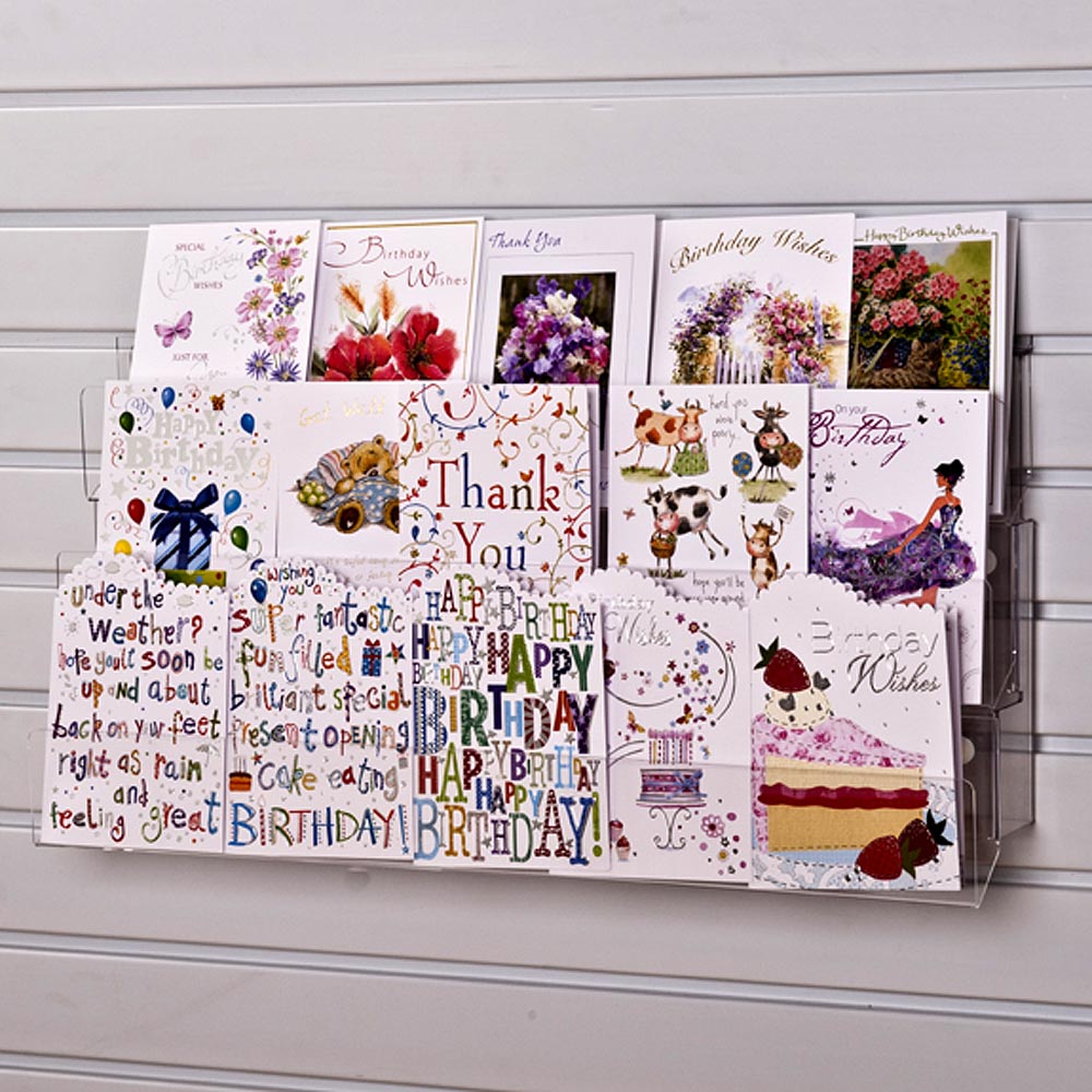 Image displaying 3 tier 60cm greeting card rack installed on white slatwall. 