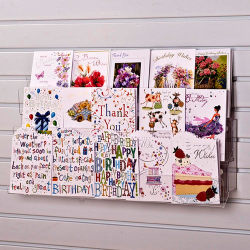 Image displaying 3 tier 60cm greeting card rack installed on white slatwall. 