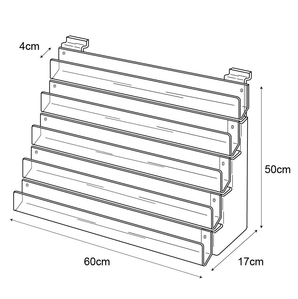 Technical drawing, front view of 5 tier 60cm greeting card rack slatwall.